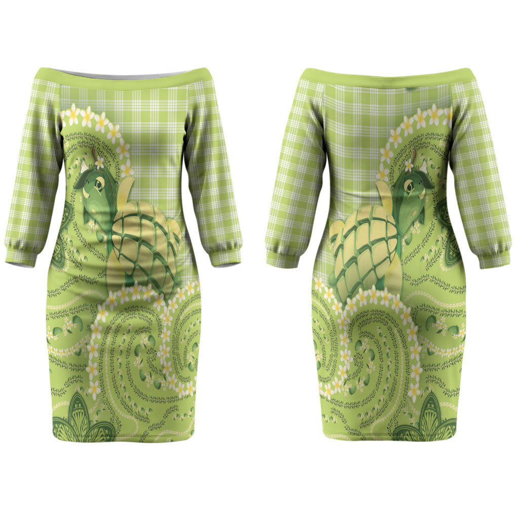 Hawaii Palaka Couples Matching Off The Shoulder Long Sleeve Dress and Long Sleeve Button Shirt Cute Green Mango Turtle On The Waves DT05 - Polynesian Pride