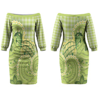 Hawaii Palaka Couples Matching Off The Shoulder Long Sleeve Dress and Long Sleeve Button Shirt Cute Green Mango Turtle On The Waves DT05 - Polynesian Pride