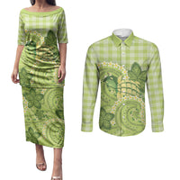 Hawaii Palaka Couples Matching Puletasi and Long Sleeve Button Shirt Cute Green Mango Turtle On The Waves DT05 Green - Polynesian Pride