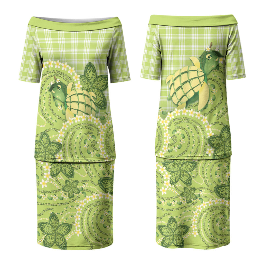 Hawaii Palaka Couples Matching Puletasi and Long Sleeve Button Shirt Cute Green Mango Turtle On The Waves DT05 - Polynesian Pride