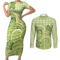 Hawaii Palaka Couples Matching Short Sleeve Bodycon Dress and Long Sleeve Button Shirt Cute Green Mango Turtle On The Waves DT05 Green - Polynesian Pride