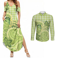 Hawaii Palaka Couples Matching Summer Maxi Dress and Long Sleeve Button Shirt Cute Green Mango Turtle On The Waves DT05 Green - Polynesian Pride