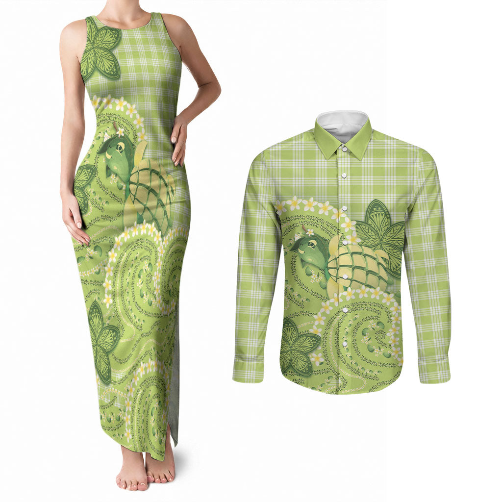 Hawaii Palaka Couples Matching Tank Maxi Dress and Long Sleeve Button Shirt Cute Green Mango Turtle On The Waves DT05 Green - Polynesian Pride