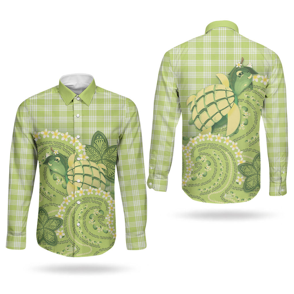 Hawaii Palaka Couples Matching Tank Maxi Dress and Long Sleeve Button Shirt Cute Green Mango Turtle On The Waves DT05 - Polynesian Pride