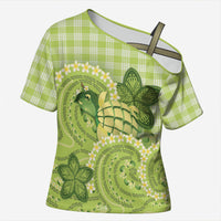 Hawaii Palaka Cross Shoulder Shirt Cute Green Mango Turtle On The Waves DT05 Female Green - Polynesian Pride
