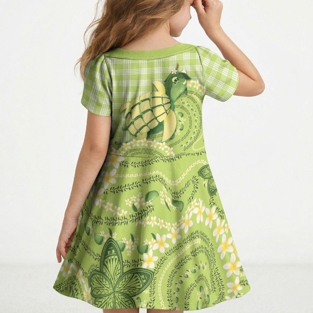 Hawaii Palaka Kid Short Sleeve Dress Cute Green Mango Turtle On The Waves DT05 - Polynesian Pride