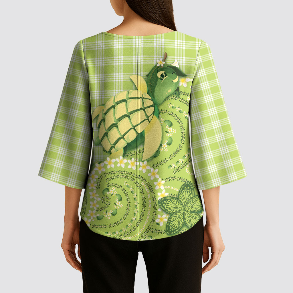 Hawaii Palaka Kimono Sleeve Blouse Cute Green Mango Turtle On The Waves DT05 - Polynesian Pride