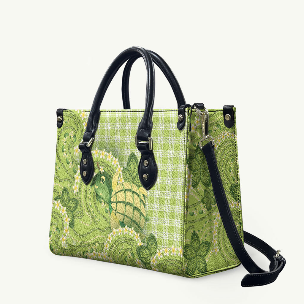 Hawaii Palaka Leather Bag Cute Green Mango Turtle On The Waves DT05 Green - Polynesian Pride