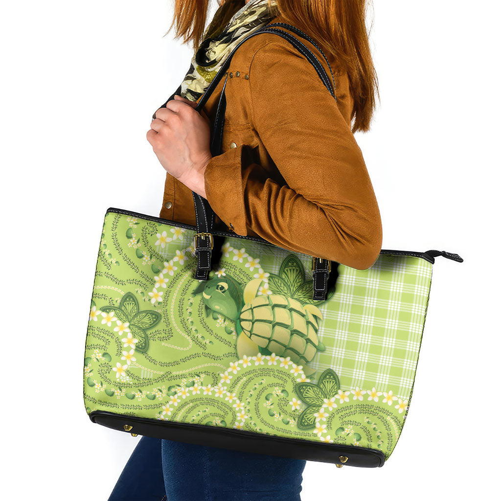 Hawaii Palaka Leather Tote Bag Cute Green Mango Turtle On The Waves DT05 Green - Polynesian Pride