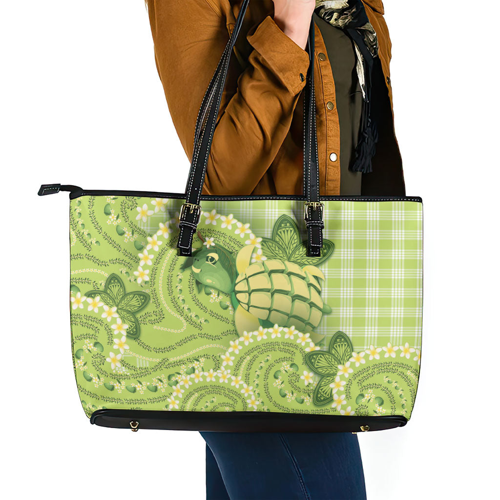 Hawaii Palaka Leather Tote Bag Cute Green Mango Turtle On The Waves DT05 - Polynesian Pride