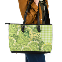 Hawaii Palaka Leather Tote Bag Cute Green Mango Turtle On The Waves DT05 - Polynesian Pride