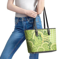 Hawaii Palaka Leather Tote Bag Cute Green Mango Turtle On The Waves DT05 - Polynesian Pride