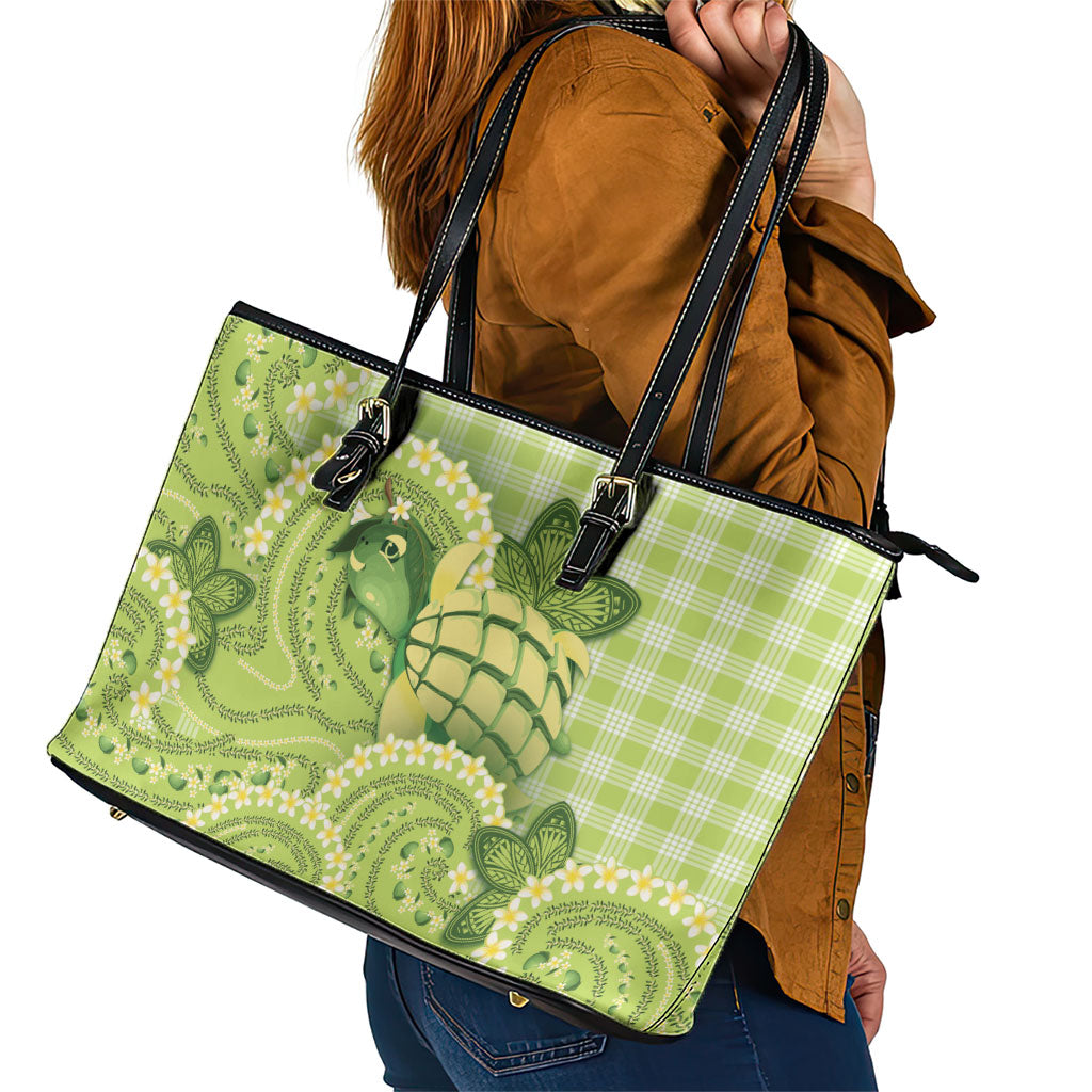 Hawaii Palaka Leather Tote Bag Cute Green Mango Turtle On The Waves DT05 - Polynesian Pride
