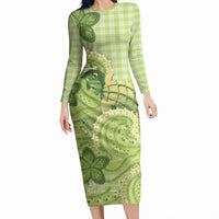 Hawaii Palaka Long Sleeve Bodycon Dress Cute Green Mango Turtle On The Waves DT05 Long Dress Green - Polynesian Pride
