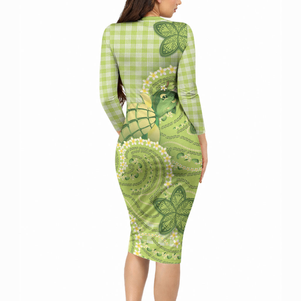 Hawaii Palaka Long Sleeve Bodycon Dress Cute Green Mango Turtle On The Waves DT05 - Polynesian Pride
