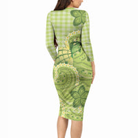 Hawaii Palaka Long Sleeve Bodycon Dress Cute Green Mango Turtle On The Waves DT05 - Polynesian Pride