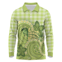 Hawaii Palaka Long Sleeve Polo Shirt Cute Green Mango Turtle On The Waves DT05 Green - Polynesian Pride