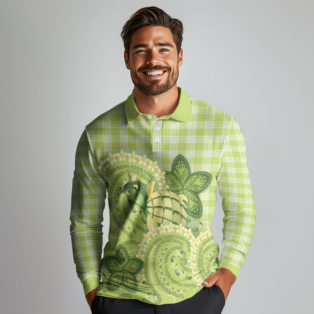 Hawaii Palaka Long Sleeve Polo Shirt Cute Green Mango Turtle On The Waves DT05 - Polynesian Pride