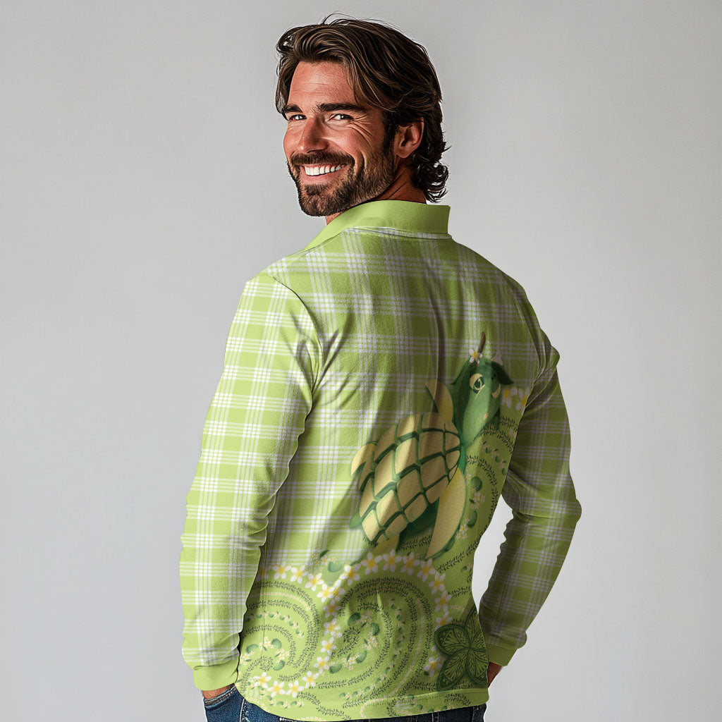 Hawaii Palaka Long Sleeve Polo Shirt Cute Green Mango Turtle On The Waves DT05 - Polynesian Pride