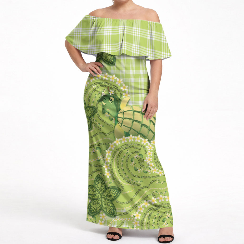 Hawaii Palaka Off Shoulder Maxi Dress Cute Green Mango Turtle On The Waves DT05 Women Green - Polynesian Pride