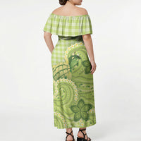 Hawaii Palaka Off Shoulder Maxi Dress Cute Green Mango Turtle On The Waves DT05 - Polynesian Pride