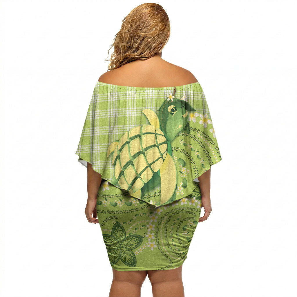 Hawaii Palaka Off Shoulder Short Dress Cute Green Mango Turtle On The Waves DT05 - Polynesian Pride
