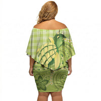 Hawaii Palaka Off Shoulder Short Dress Cute Green Mango Turtle On The Waves DT05 - Polynesian Pride