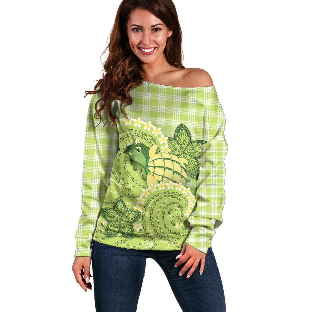 Hawaii Palaka Off Shoulder Sweater Cute Green Mango Turtle On The Waves DT05 Women Green - Polynesian Pride