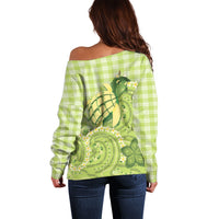 Hawaii Palaka Off Shoulder Sweater Cute Green Mango Turtle On The Waves DT05 - Polynesian Pride