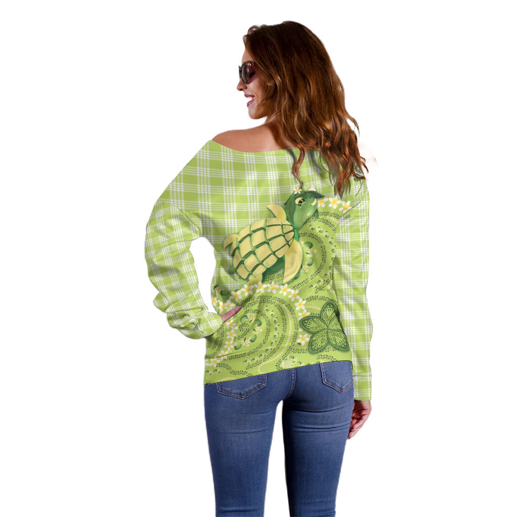 Hawaii Palaka Off Shoulder Sweater Cute Green Mango Turtle On The Waves DT05 - Polynesian Pride