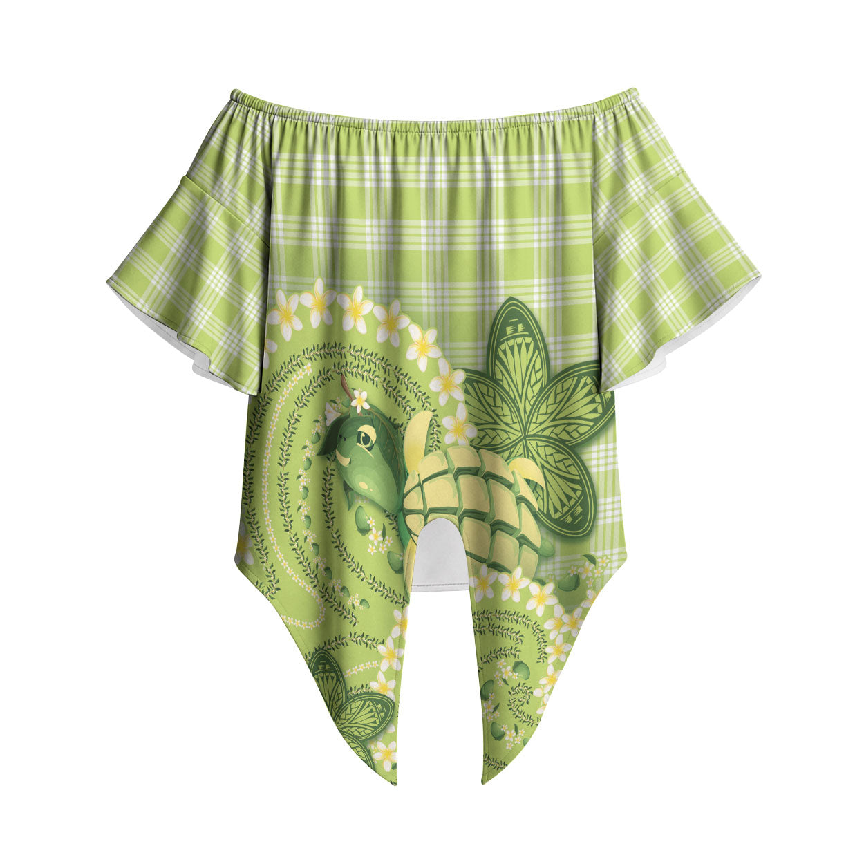Hawaii Palaka Off Shoulder Wrap Waist Top Cute Green Mango Turtle On The Waves DT05 Green - Polynesian Pride