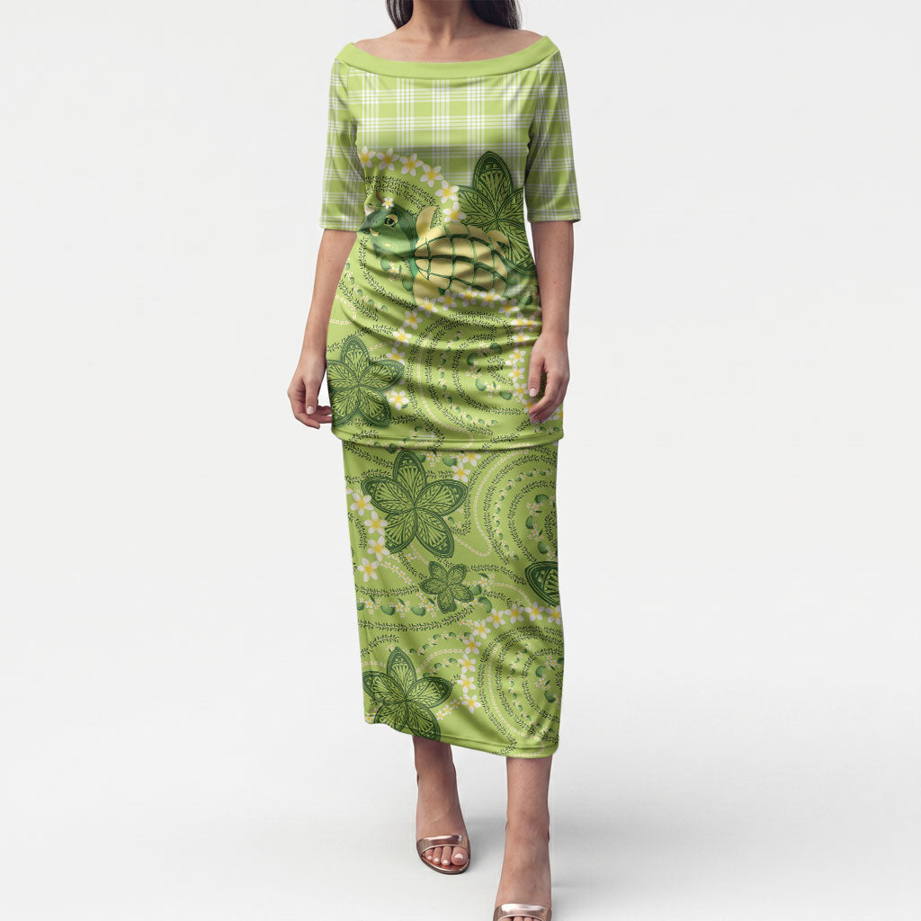 Hawaii Palaka Puletasi Cute Green Mango Turtle On The Waves DT05 Long Dress Green - Polynesian Pride