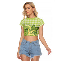 Hawaii Palaka Raglan Cropped T Shirt Cute Green Mango Turtle On The Waves DT05 Female Green - Polynesian Pride