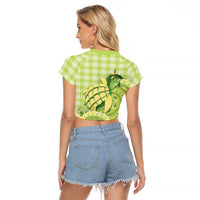 Hawaii Palaka Raglan Cropped T Shirt Cute Green Mango Turtle On The Waves DT05 - Polynesian Pride