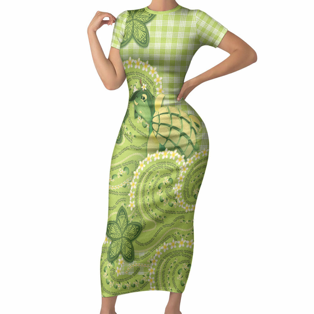 Hawaii Palaka Short Sleeve Bodycon Dress Cute Green Mango Turtle On The Waves DT05 Long Dress Green - Polynesian Pride