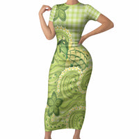 Hawaii Palaka Short Sleeve Bodycon Dress Cute Green Mango Turtle On The Waves DT05 Long Dress Green - Polynesian Pride
