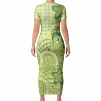 Hawaii Palaka Short Sleeve Bodycon Dress Cute Green Mango Turtle On The Waves DT05 - Polynesian Pride