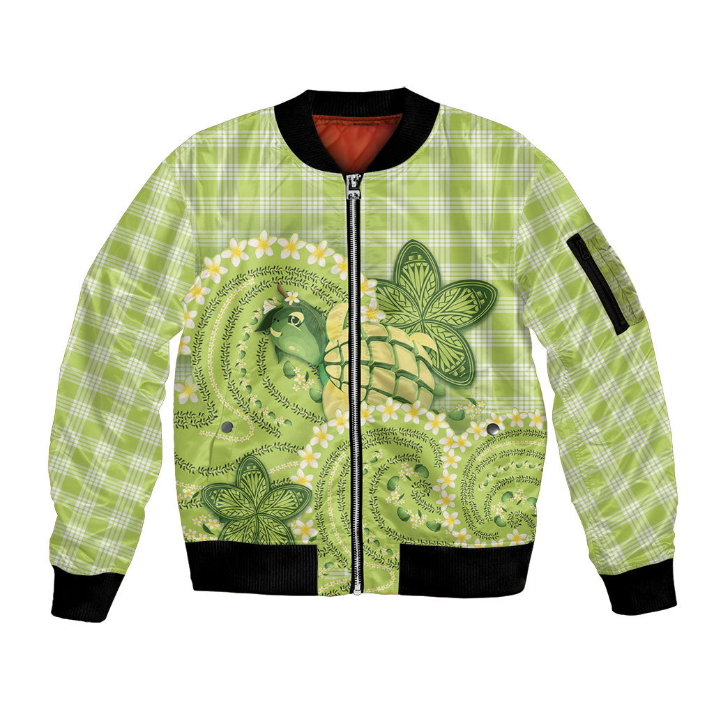 Hawaii Palaka Sleeve Zip Bomber Jacket Cute Green Mango Turtle On The Waves DT05 Unisex Green - Polynesian Pride