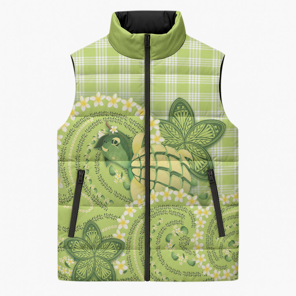 Hawaii Palaka Sleeveless Puffer Jacket Cute Green Mango Turtle On The Waves DT05 Unisex Green - Polynesian Pride