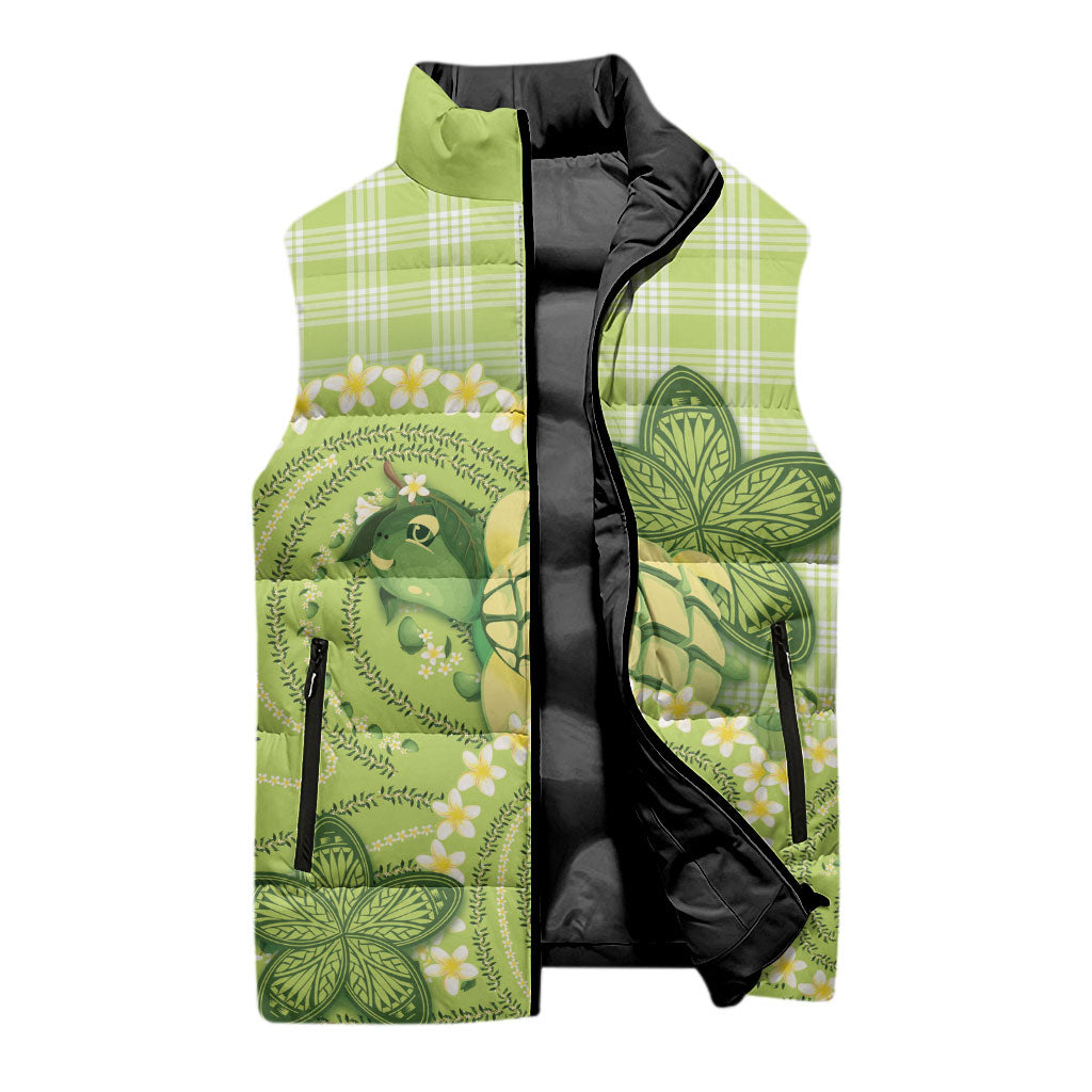Hawaii Palaka Sleeveless Puffer Jacket Cute Green Mango Turtle On The Waves DT05 - Polynesian Pride