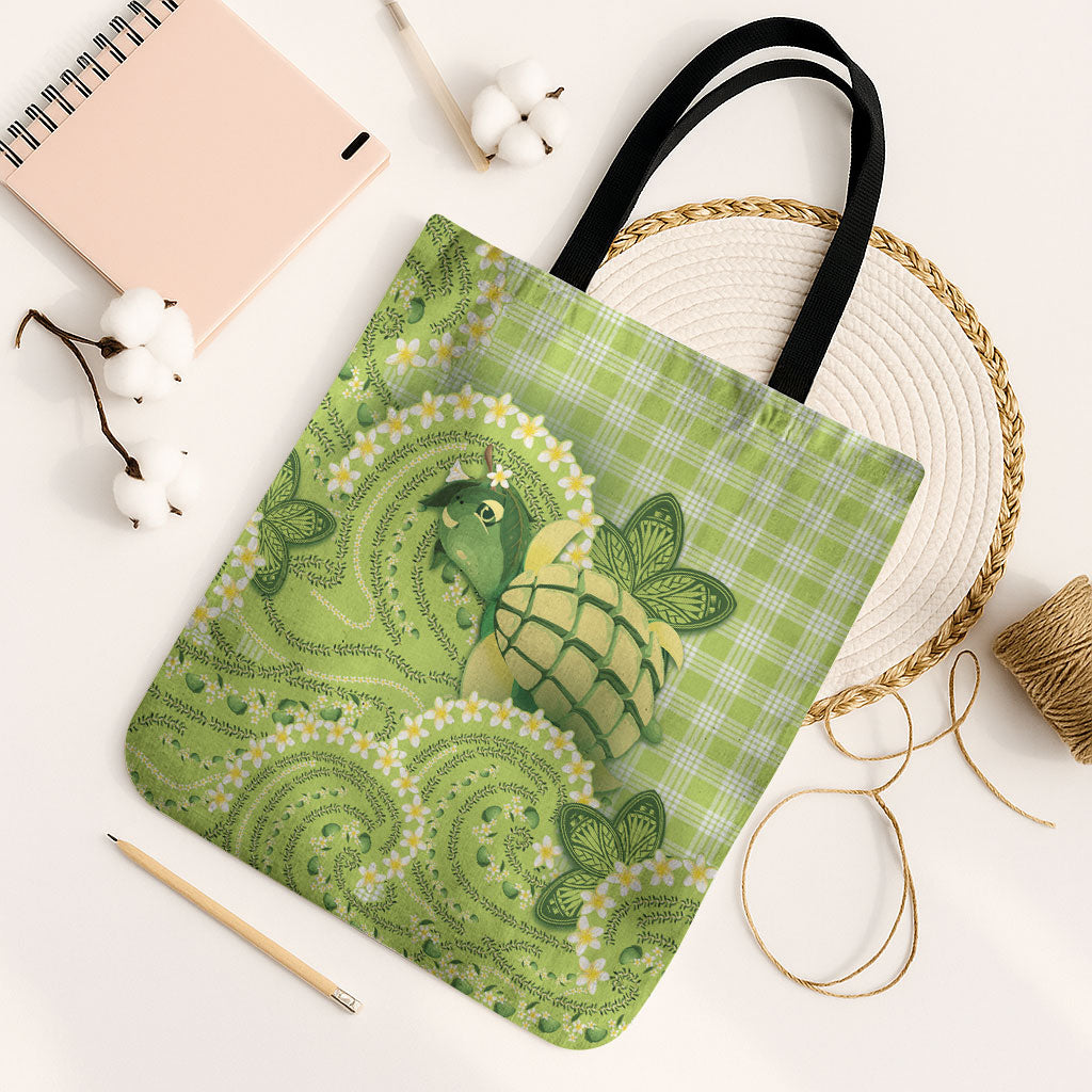 Hawaii Palaka Tote Bag Cute Green Mango Turtle On The Waves DT05 Black Strap One Size Green - Polynesian Pride
