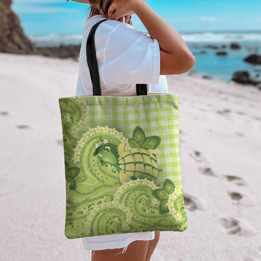 Hawaii Palaka Tote Bag Cute Green Mango Turtle On The Waves DT05 - Polynesian Pride