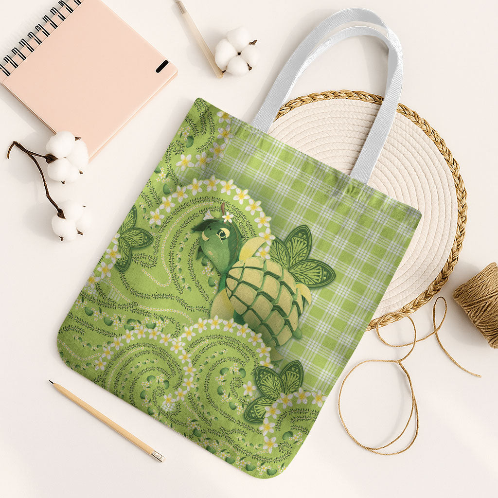 Hawaii Palaka Tote Bag Cute Green Mango Turtle On The Waves DT05 White Strap One Size Green - Polynesian Pride