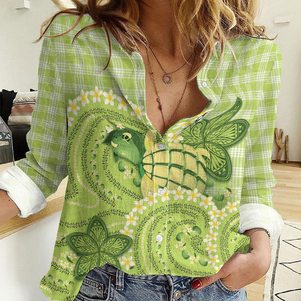 Hawaii Palaka Women Casual Shirt Cute Green Mango Turtle On The Waves DT05 Female Green - Polynesian Pride