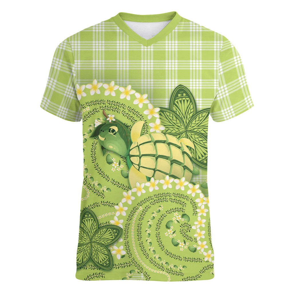 Hawaii Palaka Women V-Neck T-Shirt Cute Green Mango Turtle On The Waves DT05 Female Green - Polynesian Pride