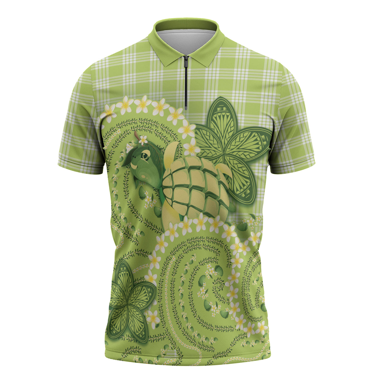 Hawaii Palaka Zipper Polo Shirt Cute Green Mango Turtle On The Waves DT05 Green - Polynesian Pride