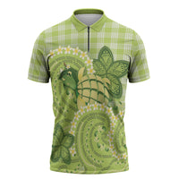 Hawaii Palaka Zipper Polo Shirt Cute Green Mango Turtle On The Waves DT05 Green - Polynesian Pride