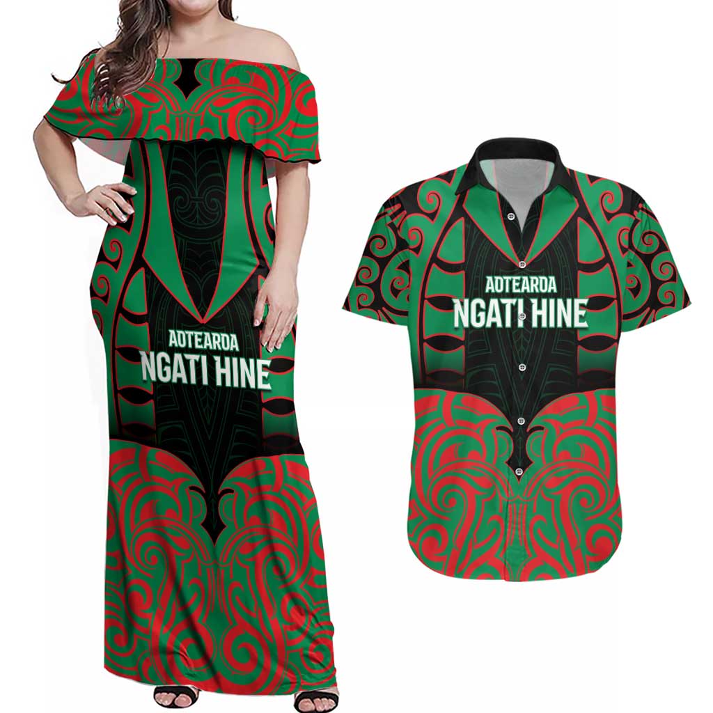 Custom Aotearoa Ngati Hine Couples Matching Off Shoulder Maxi Dress and Hawaiian Shirt Maori Pattern New Zealand DT05 Green - Polynesian Pride