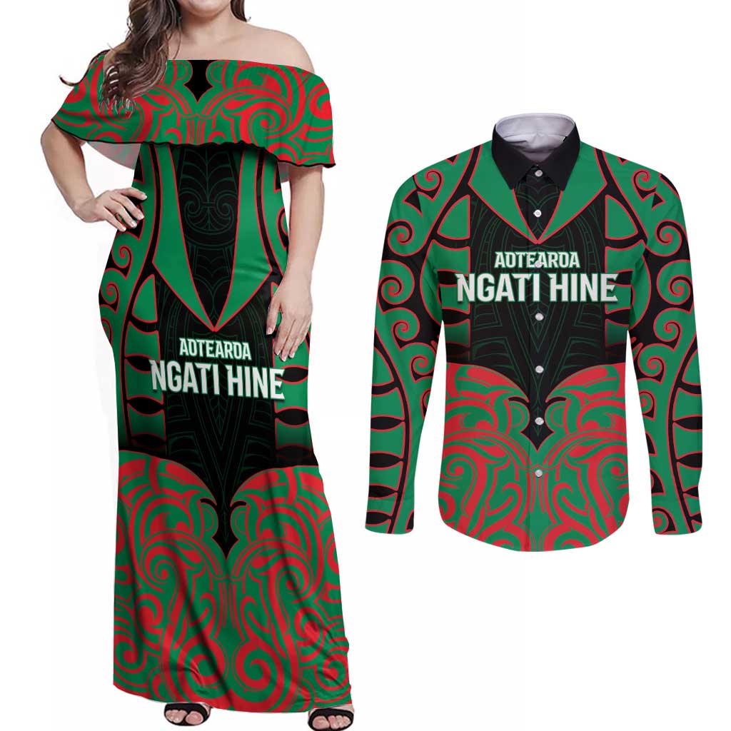 Custom Aotearoa Ngati Hine Couples Matching Off Shoulder Maxi Dress and Long Sleeve Button Shirt Maori Pattern New Zealand DT05 Green - Polynesian Pride
