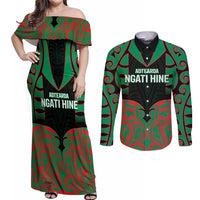 Custom Aotearoa Ngati Hine Couples Matching Off Shoulder Maxi Dress and Long Sleeve Button Shirt Maori Pattern New Zealand DT05 Green - Polynesian Pride